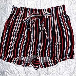 white blue red, & black striped shorts. Elastic band across waist ties, SZ Small
